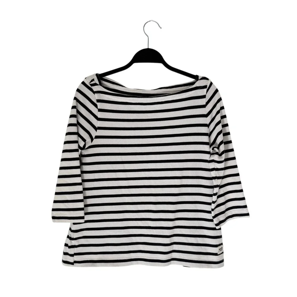 Kate Spade Broome Street Striped Boat Neck Peplum Top Black White 3/4 Sleeve L